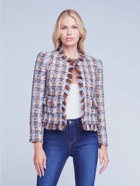 L'AGENCE Jackets & Blazers - L'AGENCE Blue and Brown Tweed Fringe Jacket